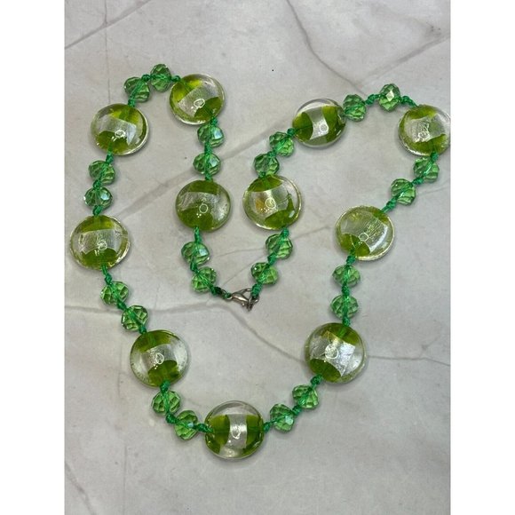 Artisan Designed Green Glass Beaded Silver Metallic Art Glass Necklace 18" - Picture 4 of 7
